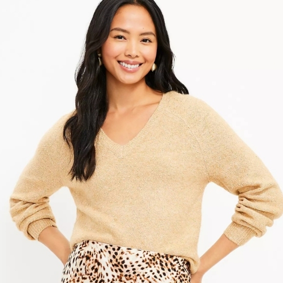 🛍 Loft Shimmer Stitch V-neck Sweater Tan Gold Metallic Knit 601906 Size Medium - Picture 1 of 13